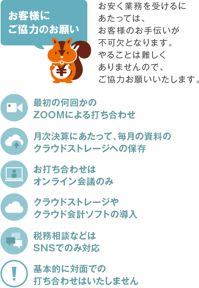 お客様にご協力のお願い お安く業務を受けるにあたっては、お客様のお手伝いが不可欠となります。やることは難しくありませんので、ご協力お願いいたします。